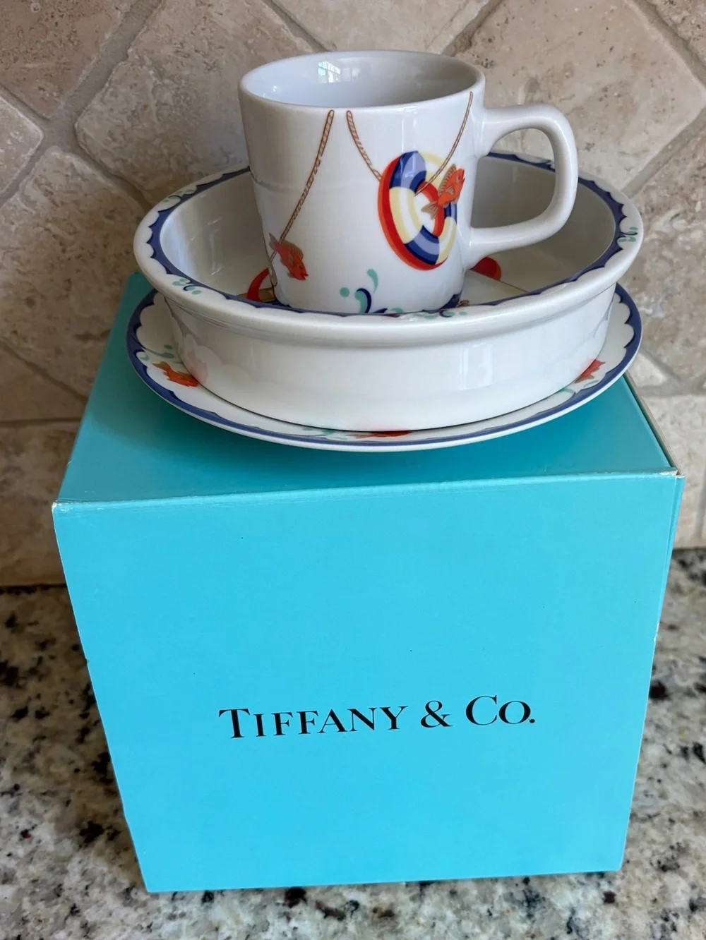 Vintage TIFFANY & Co. PORCELAIN 3 Pc Set~ Tiffany Seashore Vintage from 1990